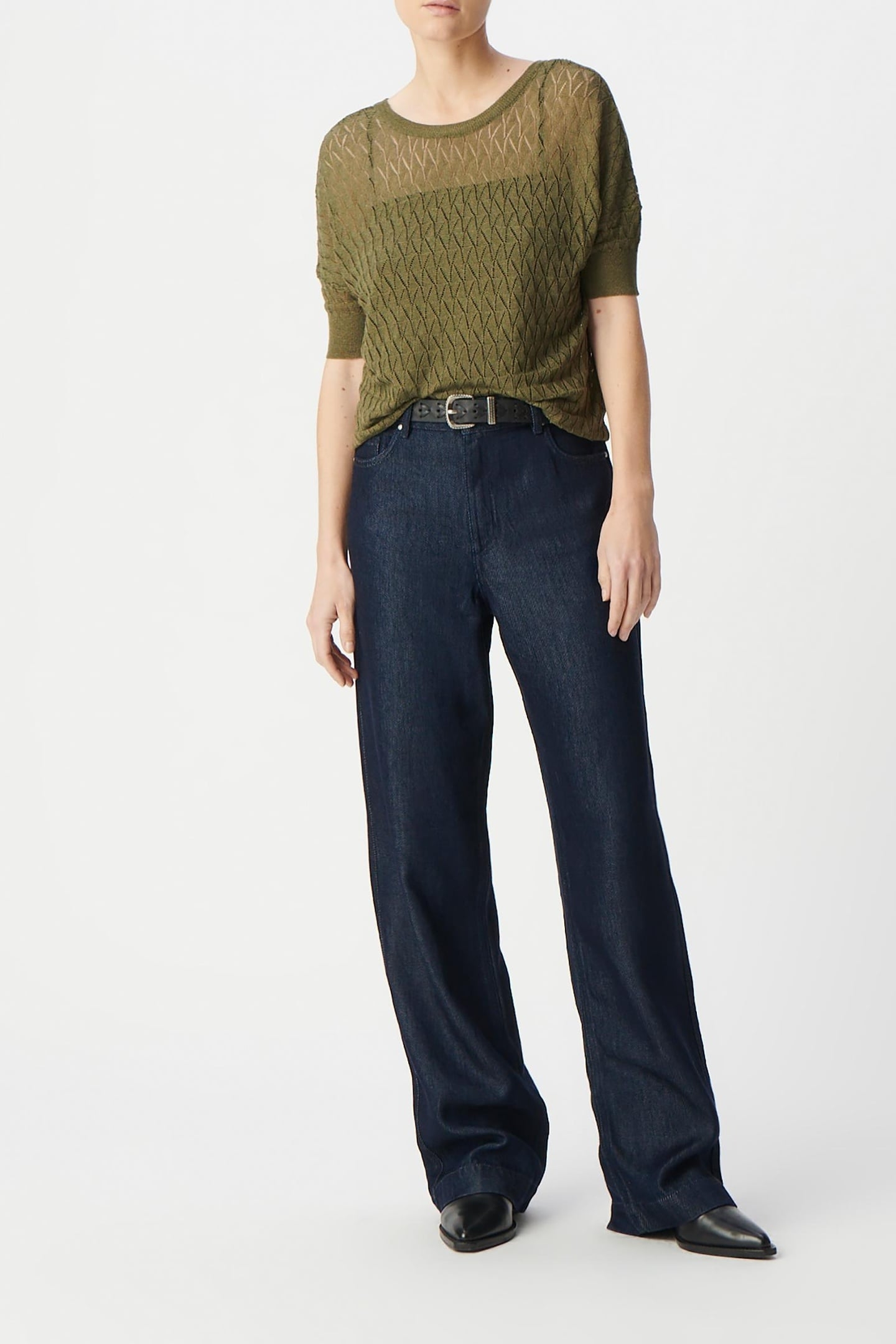 KHAKI KNITTED LUREX OPENWORK V-NECK SWEATER 1