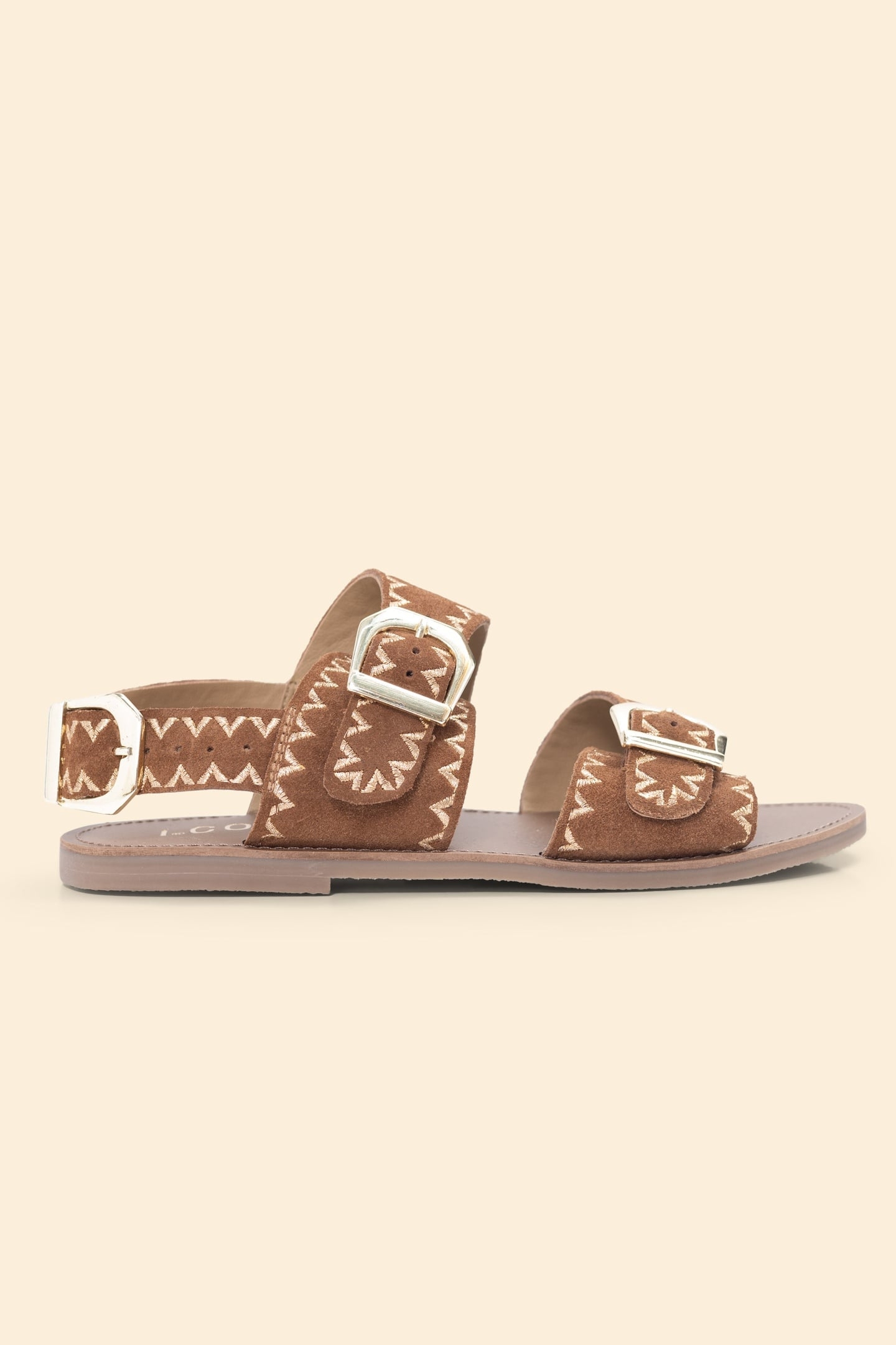 CAMEL LEATHER VELOUR EMBROIDERED FLAT SANDALS CAMEL 1
