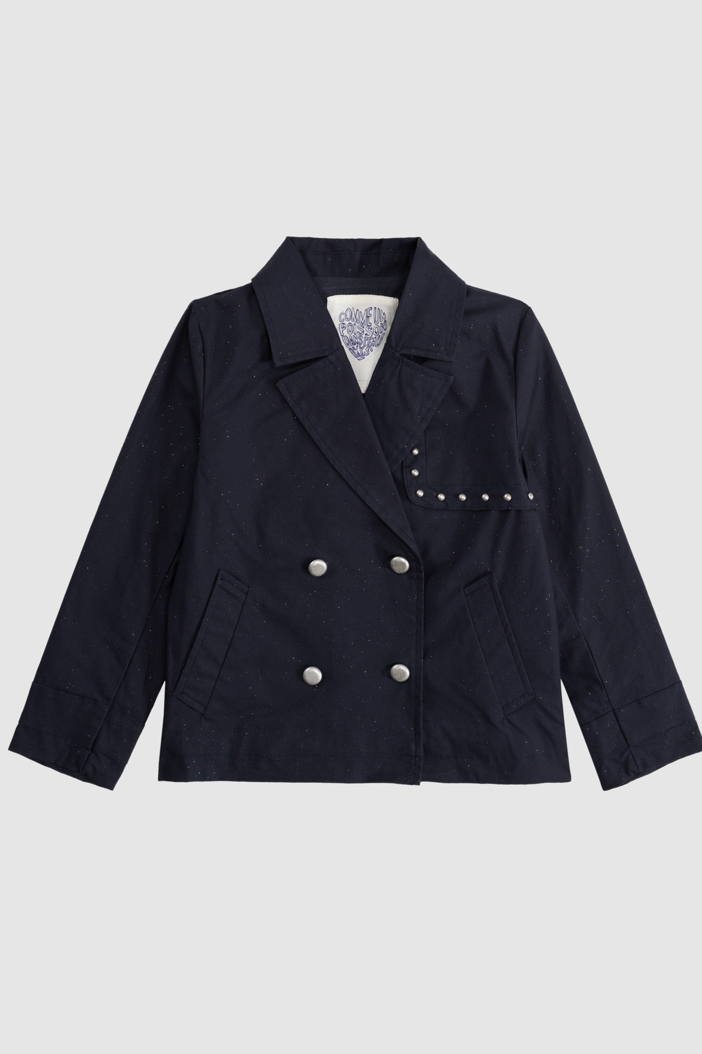 SHORT NAVY SEQUINED TRENCH COAT 1