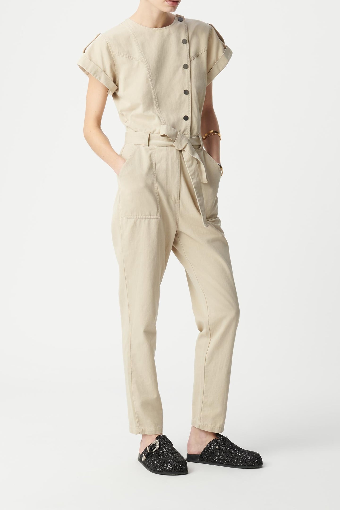 BEIGE JUMPSUIT WITH ASYMMETRICAL CLOSURE 2