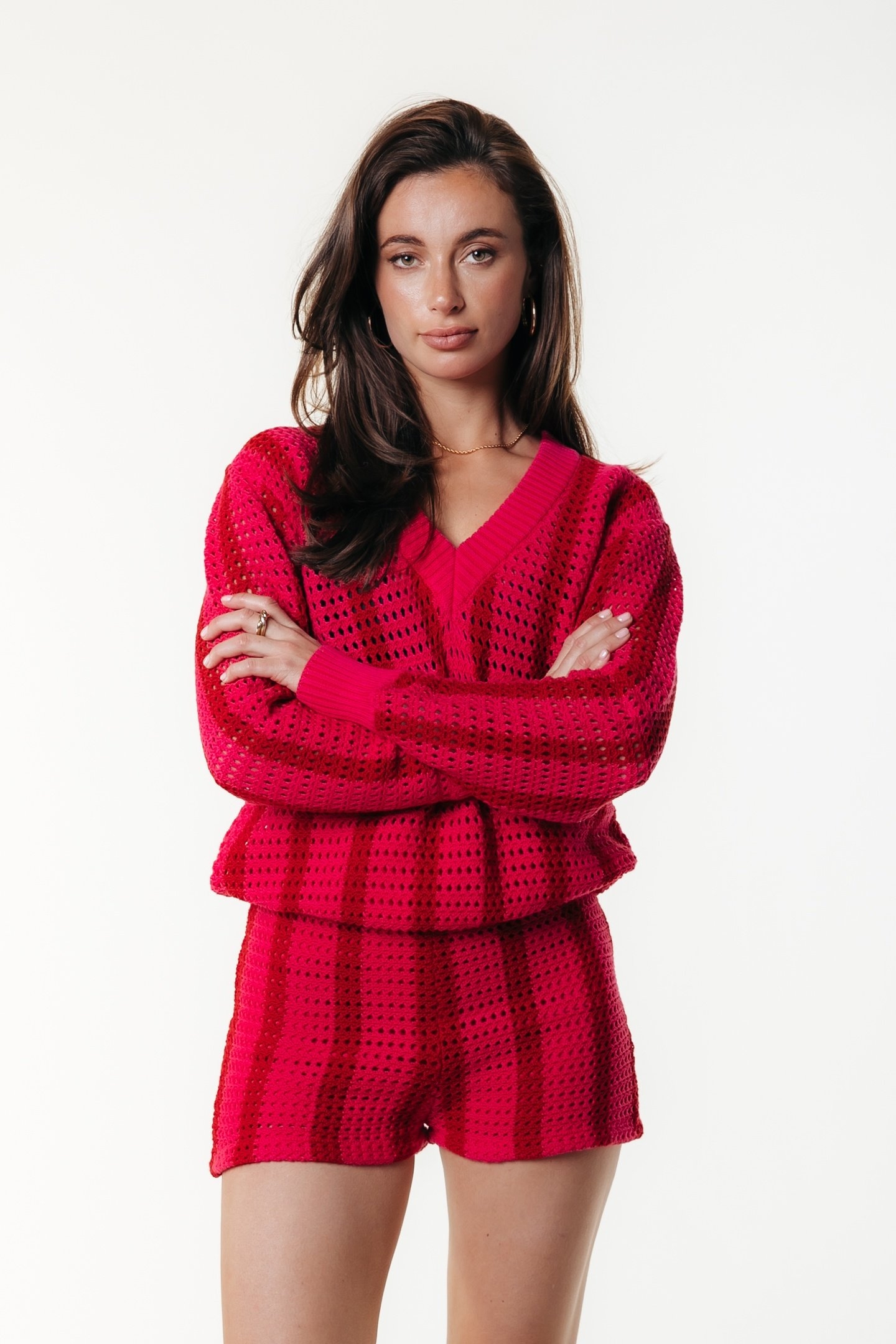 LIZZA CROCHET STRIPE V-NECK SWEATER MEDIUM BRIGHT PINK 1