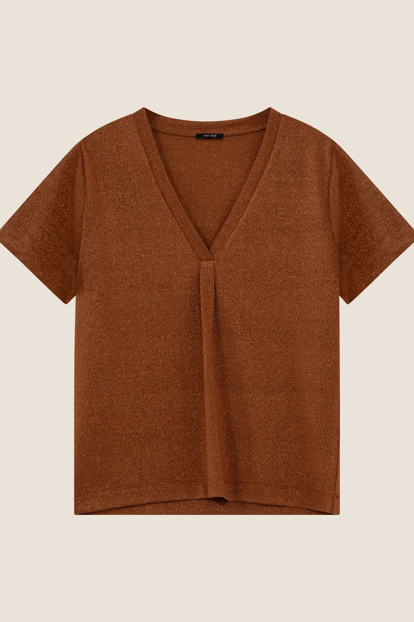 MARCIA - CARAMEL T-SHIRT WITH IRIDESCENT KNIT V-NECK 1