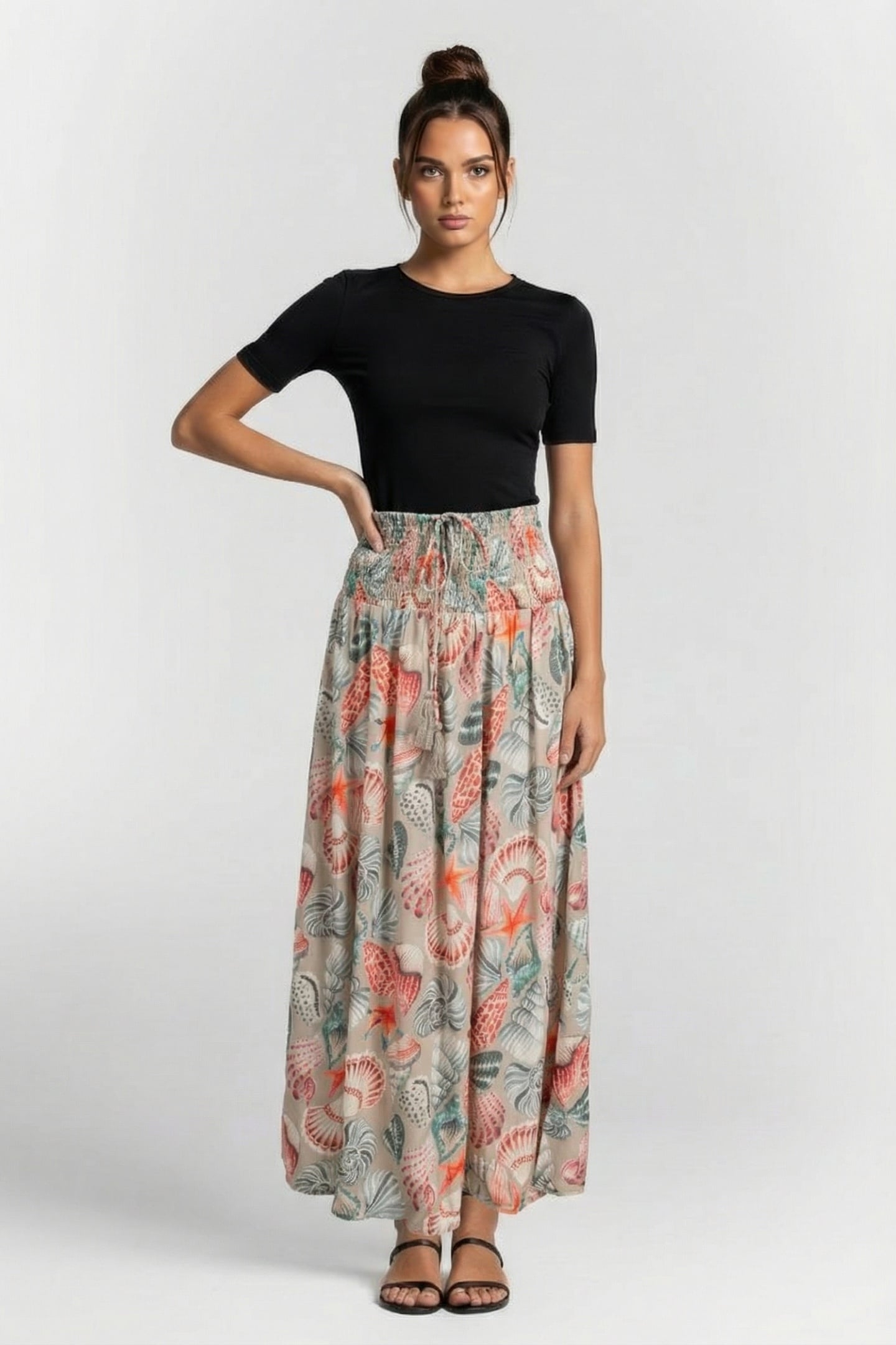 SMOCKED SKIRT MAGIC IN FEATHER GREY WITH OCEANS TREASURES 1