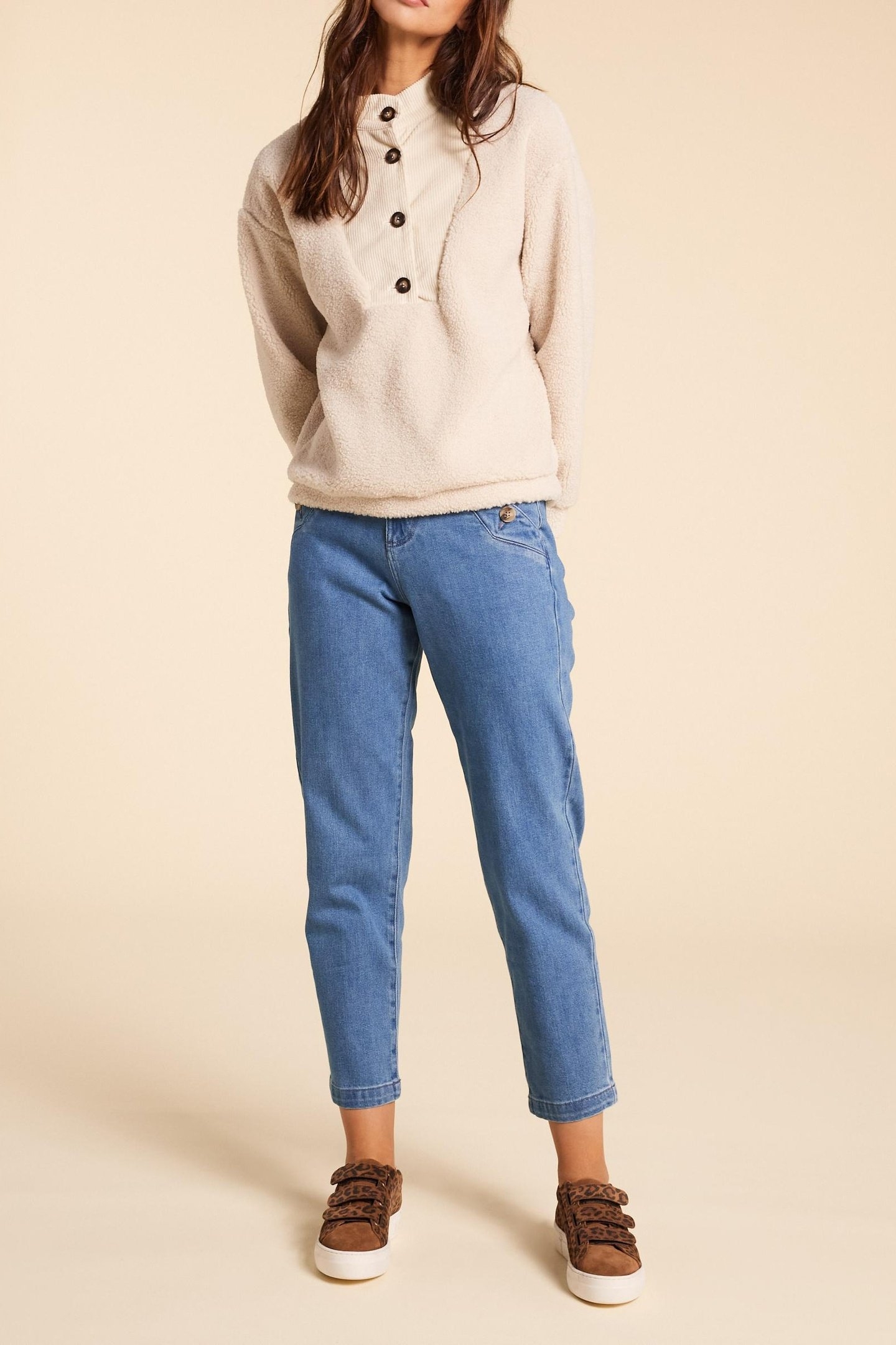 ECRU SHERPA AND VELOUR BUTTON-DOWN SWEATER ECRU 2