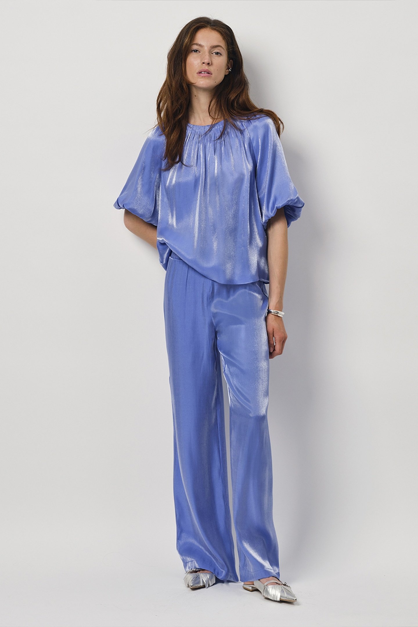 SOIR SHIMMER WIDE LEG PANTS CORNFLOWER BLUE 1