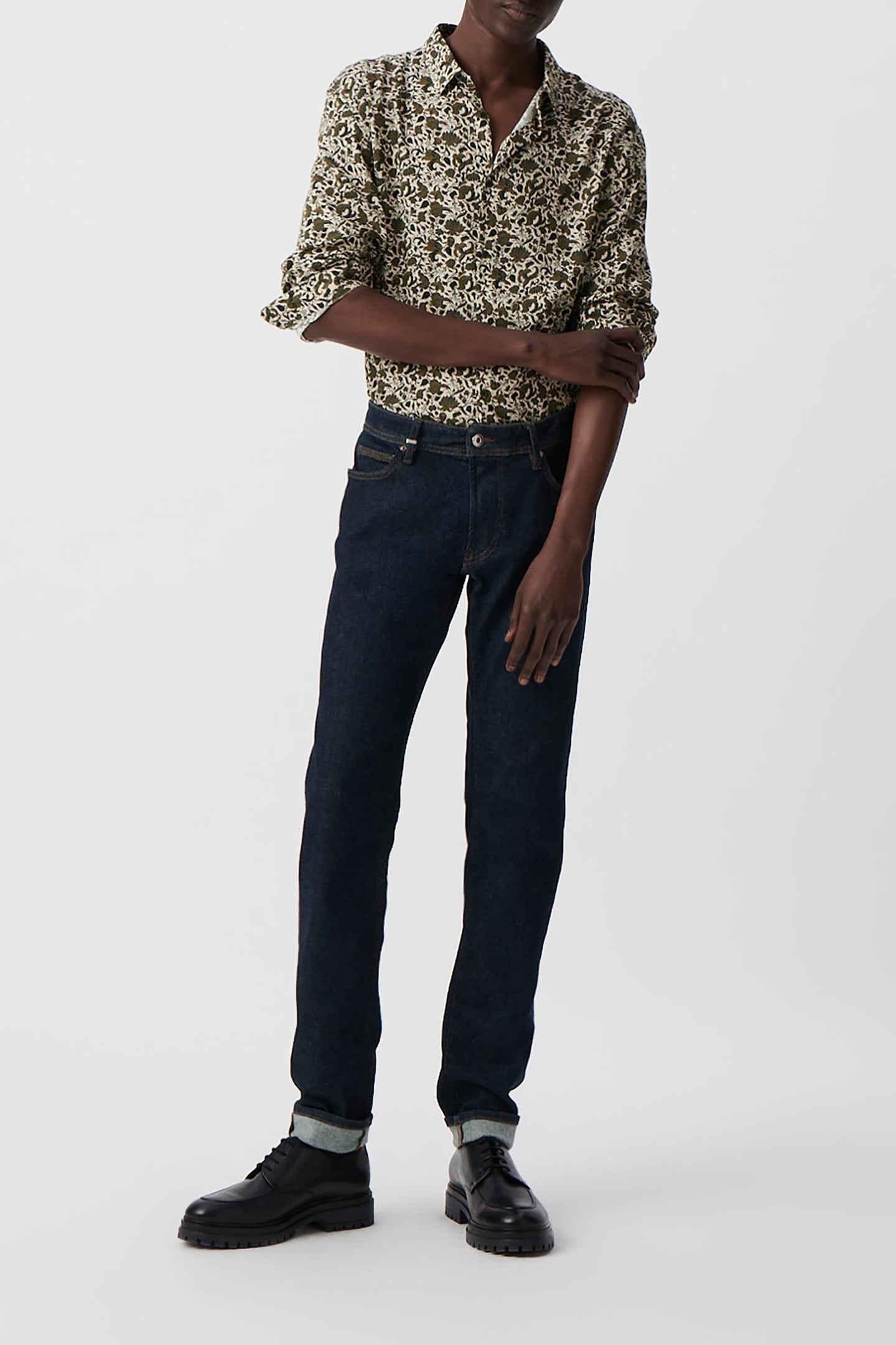 KHAKI SLIM SHIRT WITH FLORAL SKULL PRINT 1