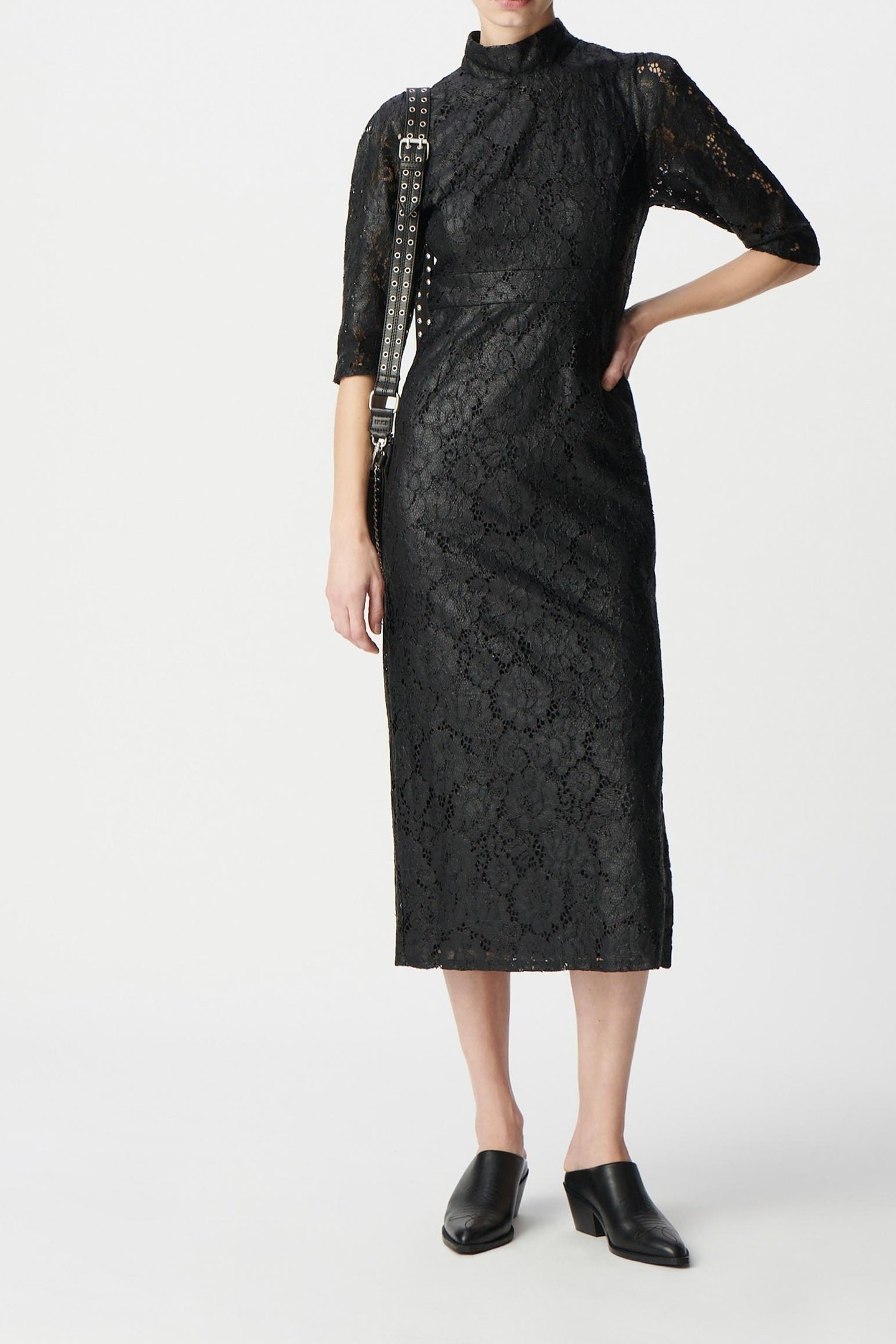 BLACK COATED LACE MIDI DRESS 1