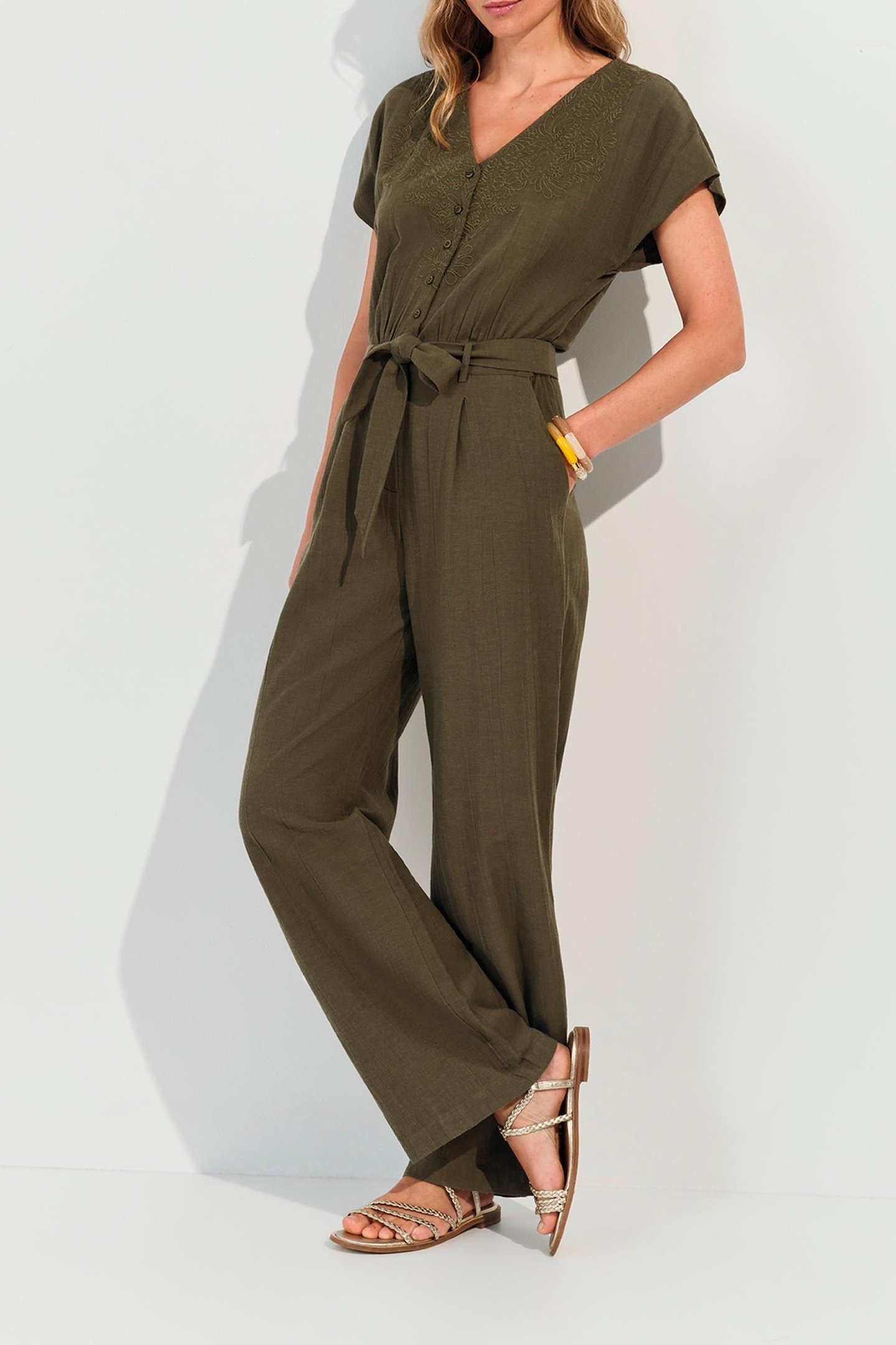 RIO - KHAKI LINEN BLEND JUMPSUIT WITH PLACED EMBROIDERY 1