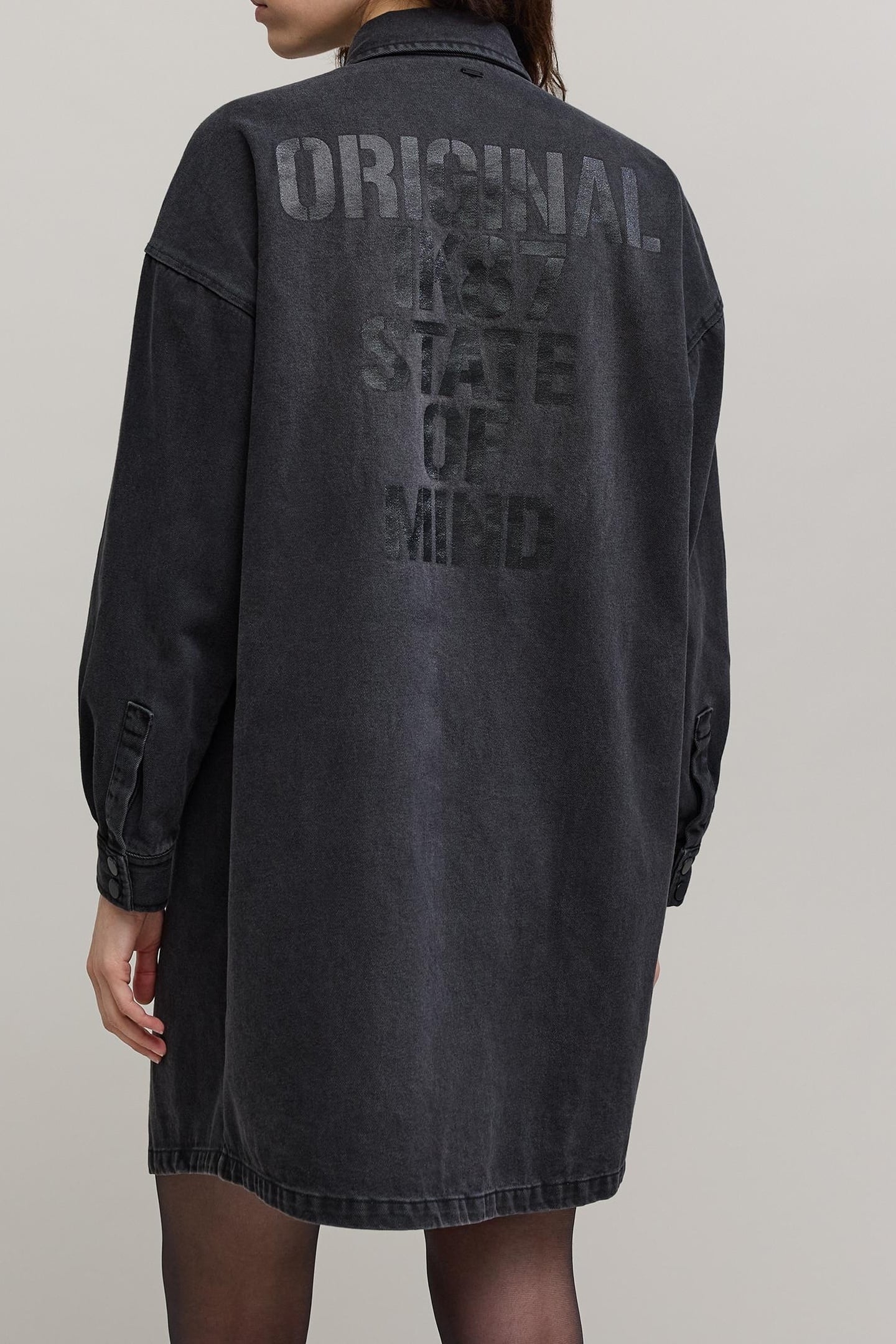 BLACK HERRINGBONE PRINT DENIM SHIRT DRESS WOMEN 3