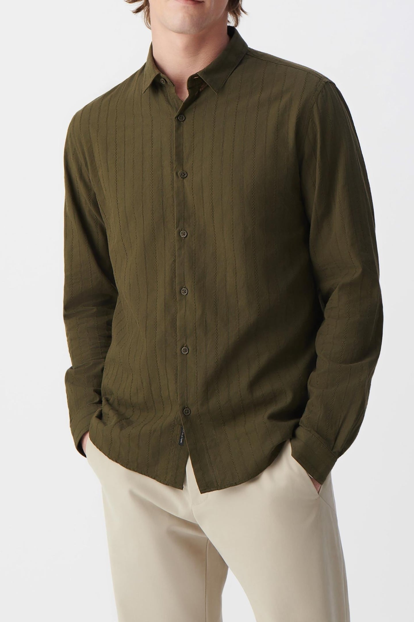 KHAKI ORGANIC COTTON SLIM SHIRT, STRIPED EMBROIDERY 2
