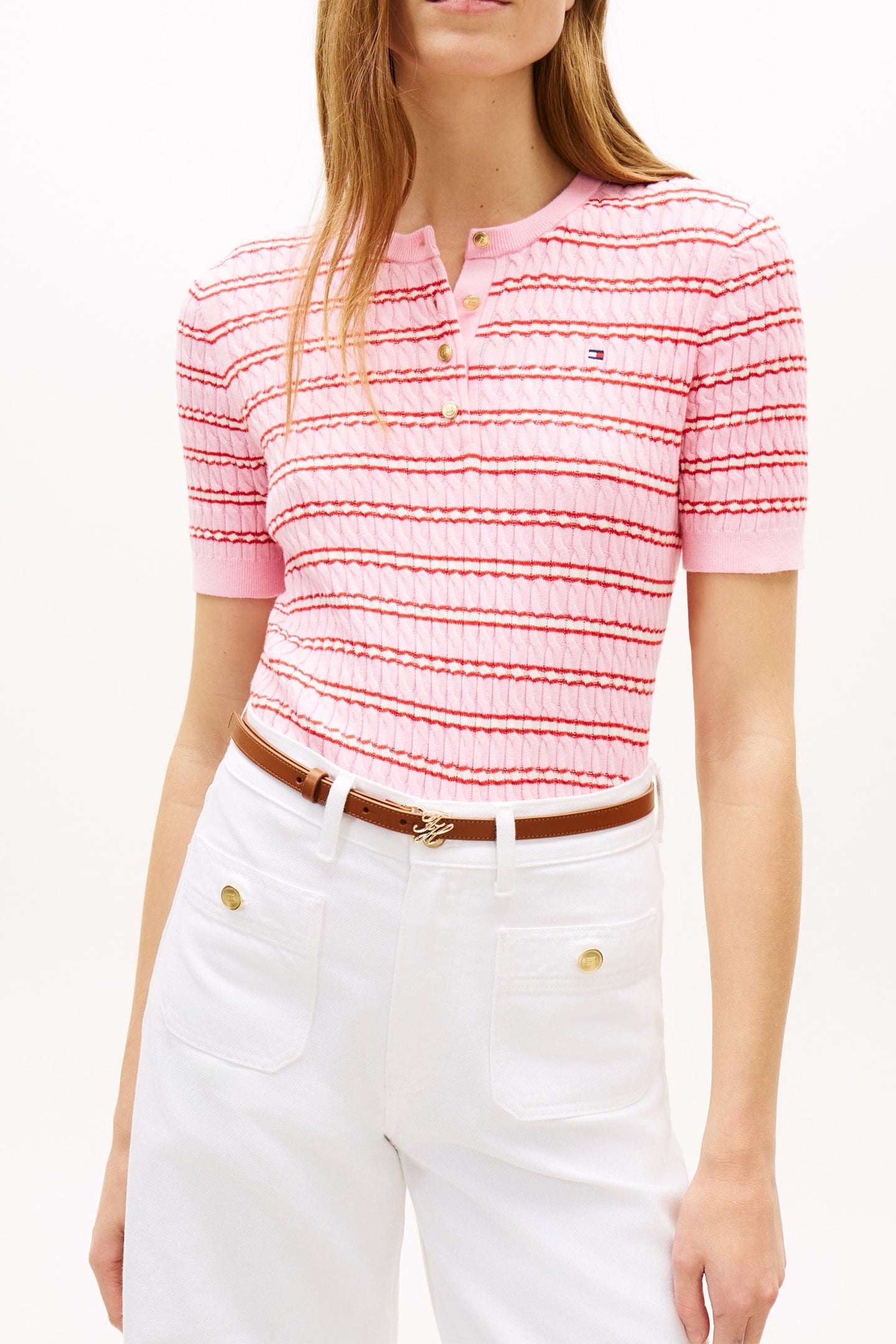 CABLE KNIT CREW NECK TOP PREPPY CLASSIC PINK 3