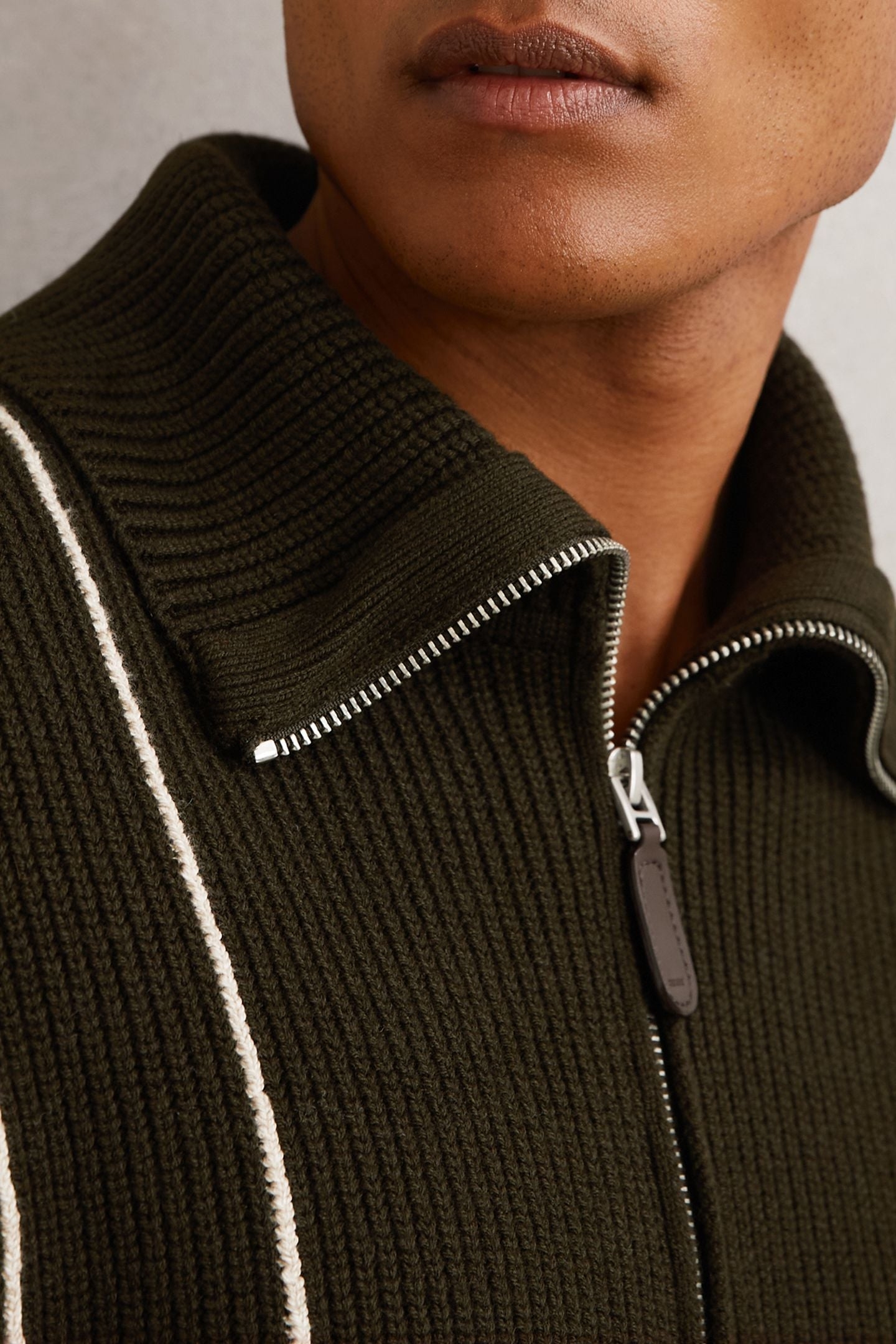 LS HALF ZIP FUNNEL NECK RIBBED JUMPER DARK OLIVE GREEN 7