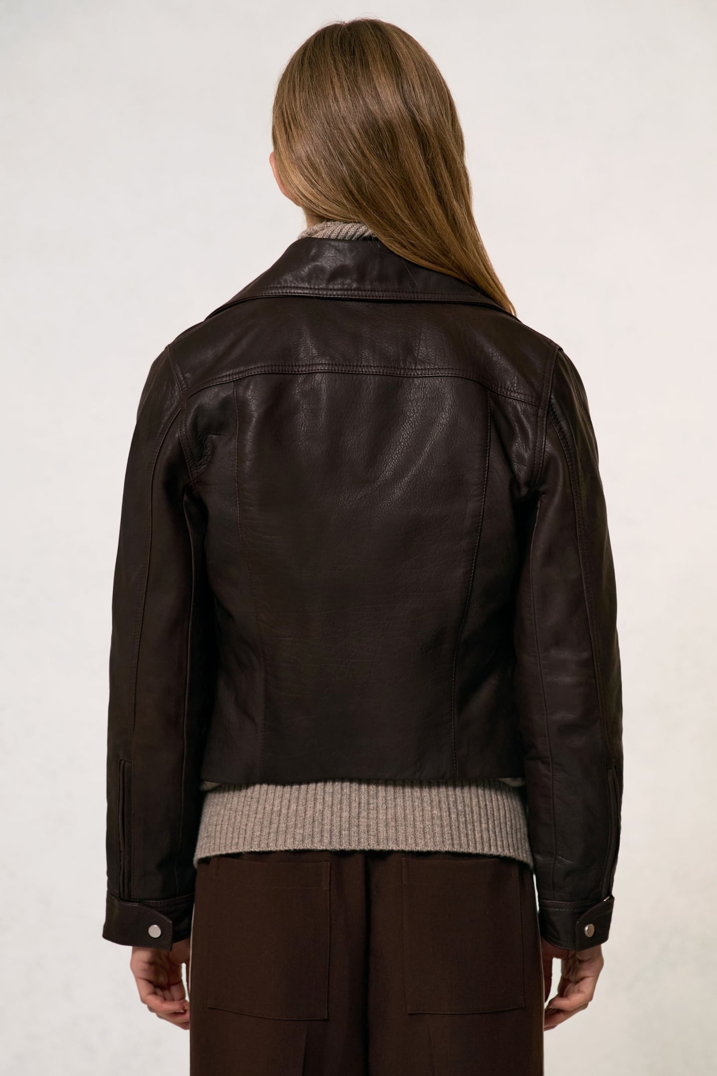 LEATHER BIKER JACKET CHOCOLATE BROWN 4