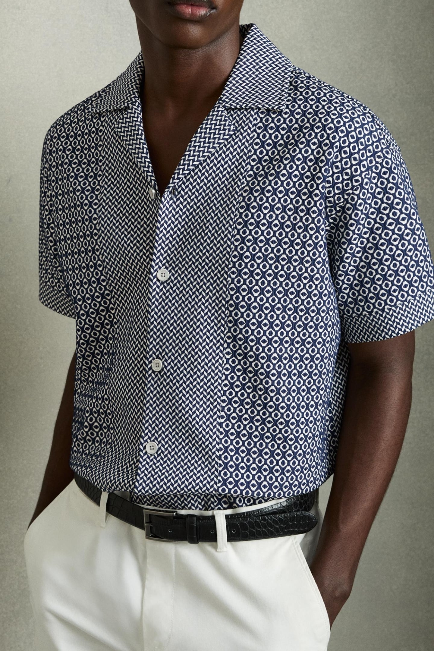 SS GEO JACQUARD COLOUR BLOCK CUBAN SHIRT NAVY/WHITE 1