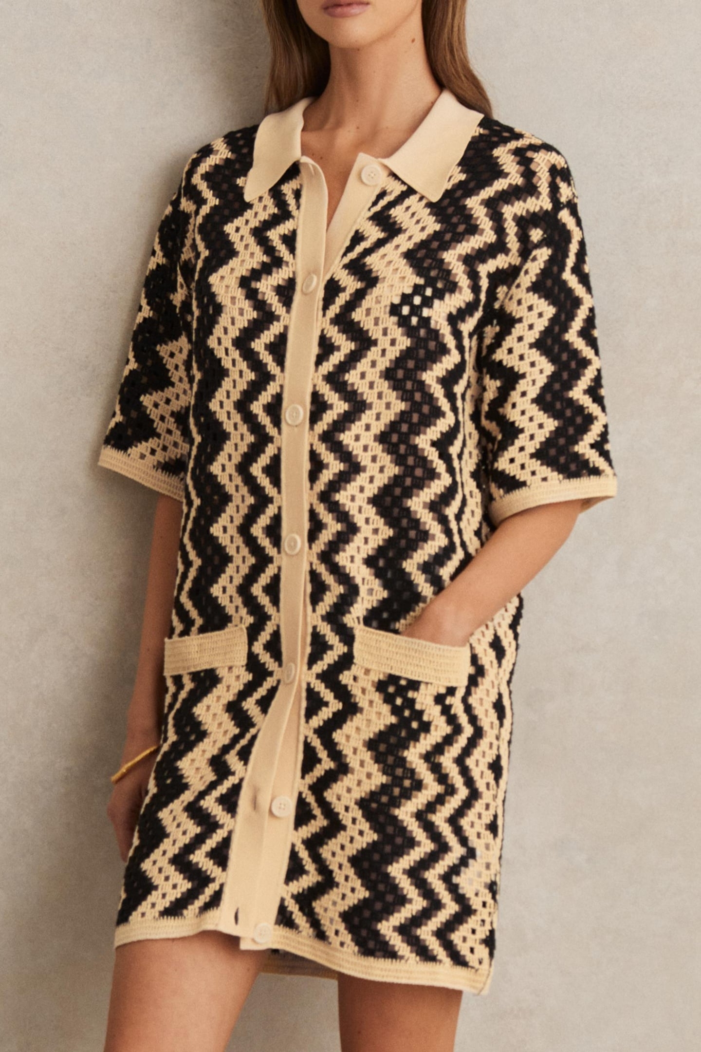 KNITTED CROCHET DRESS BLACK/CREAM 1