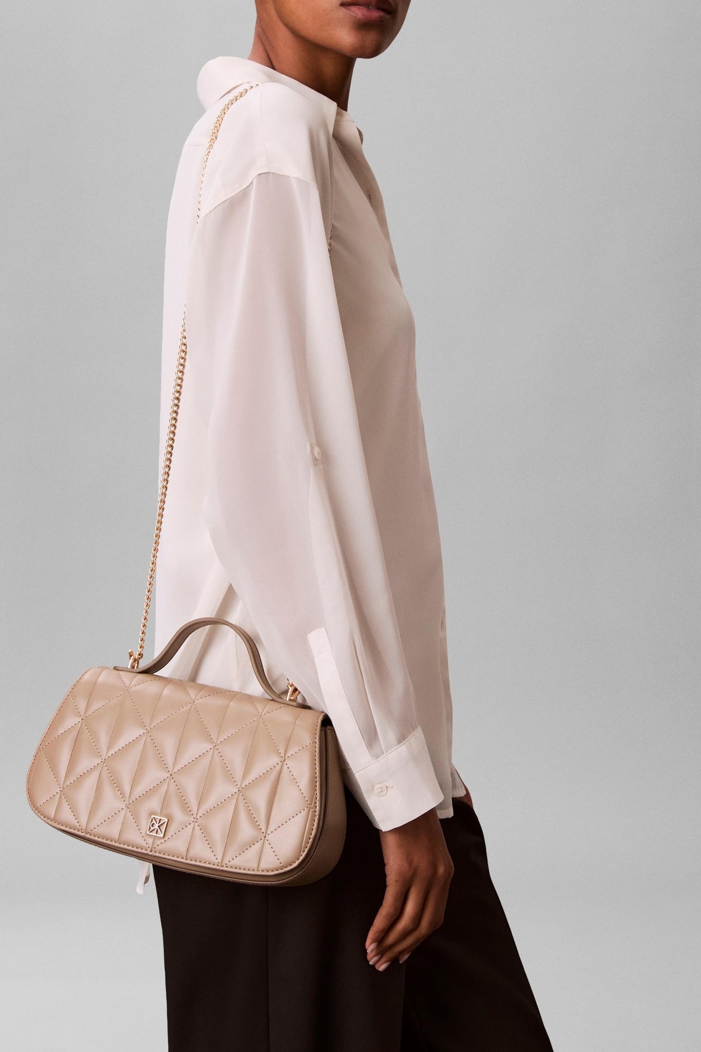 QUILTED TOP HANDLE CHAIN BAG DESERT TAUPE 1