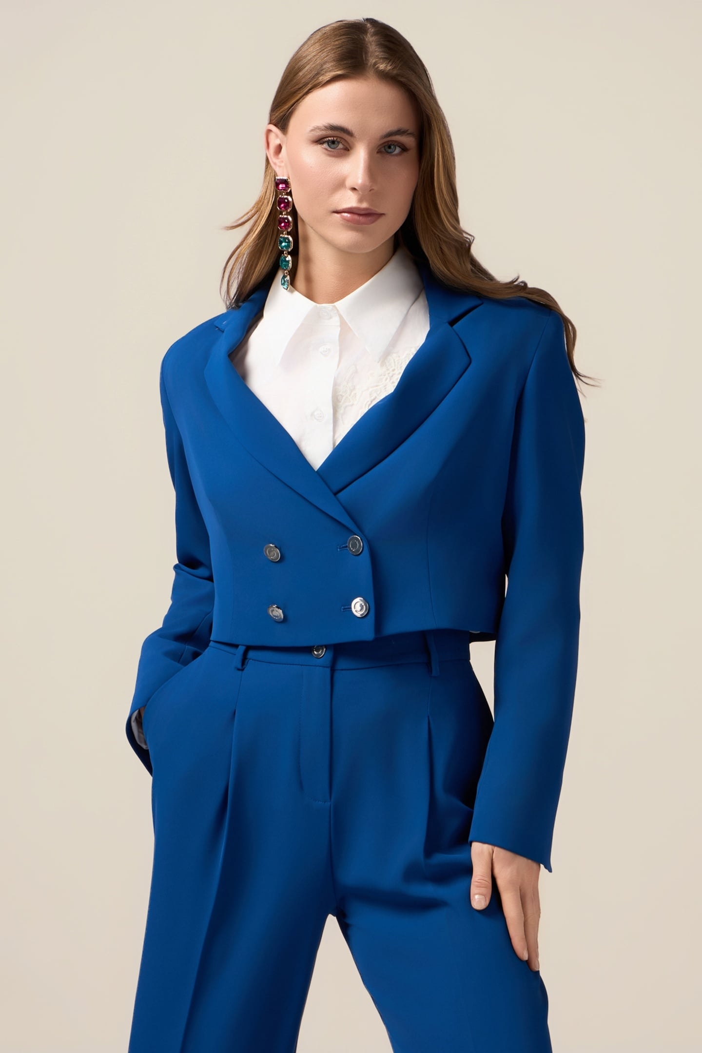 DOUBLE-BREASTED CROPPED BLAZER BRIGHT BLUE 1