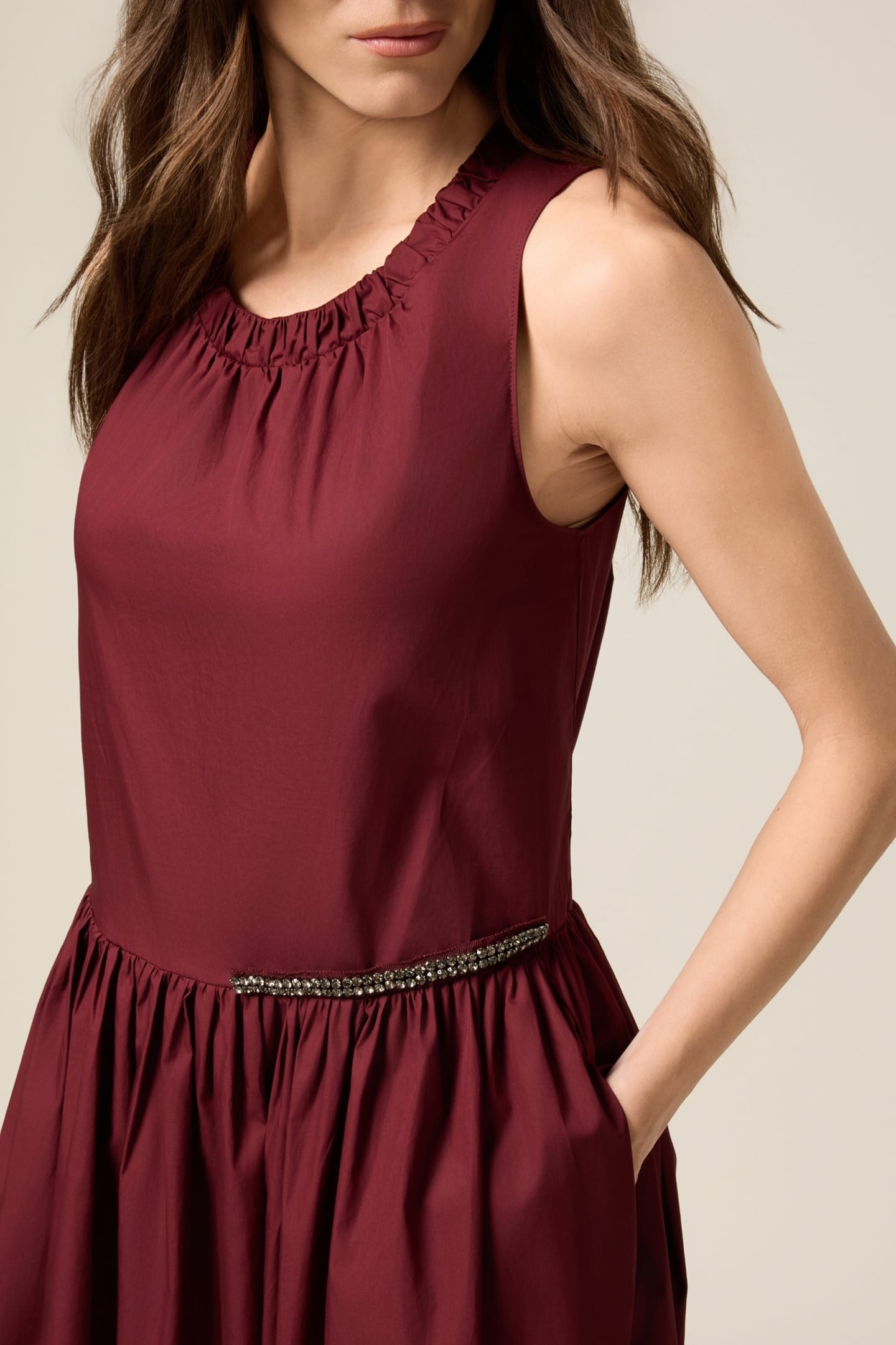 MIDI FLARE DRESS IN POPLIN BURGUNDY 4