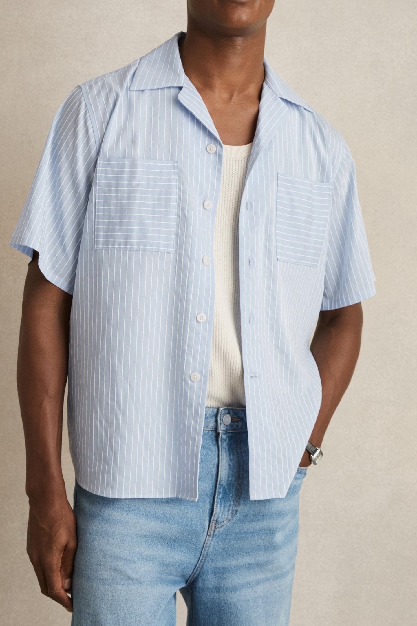 SS STRIPE TWIN POCKET CUBAN SHIRT SOFT BLUE/WHITE 1