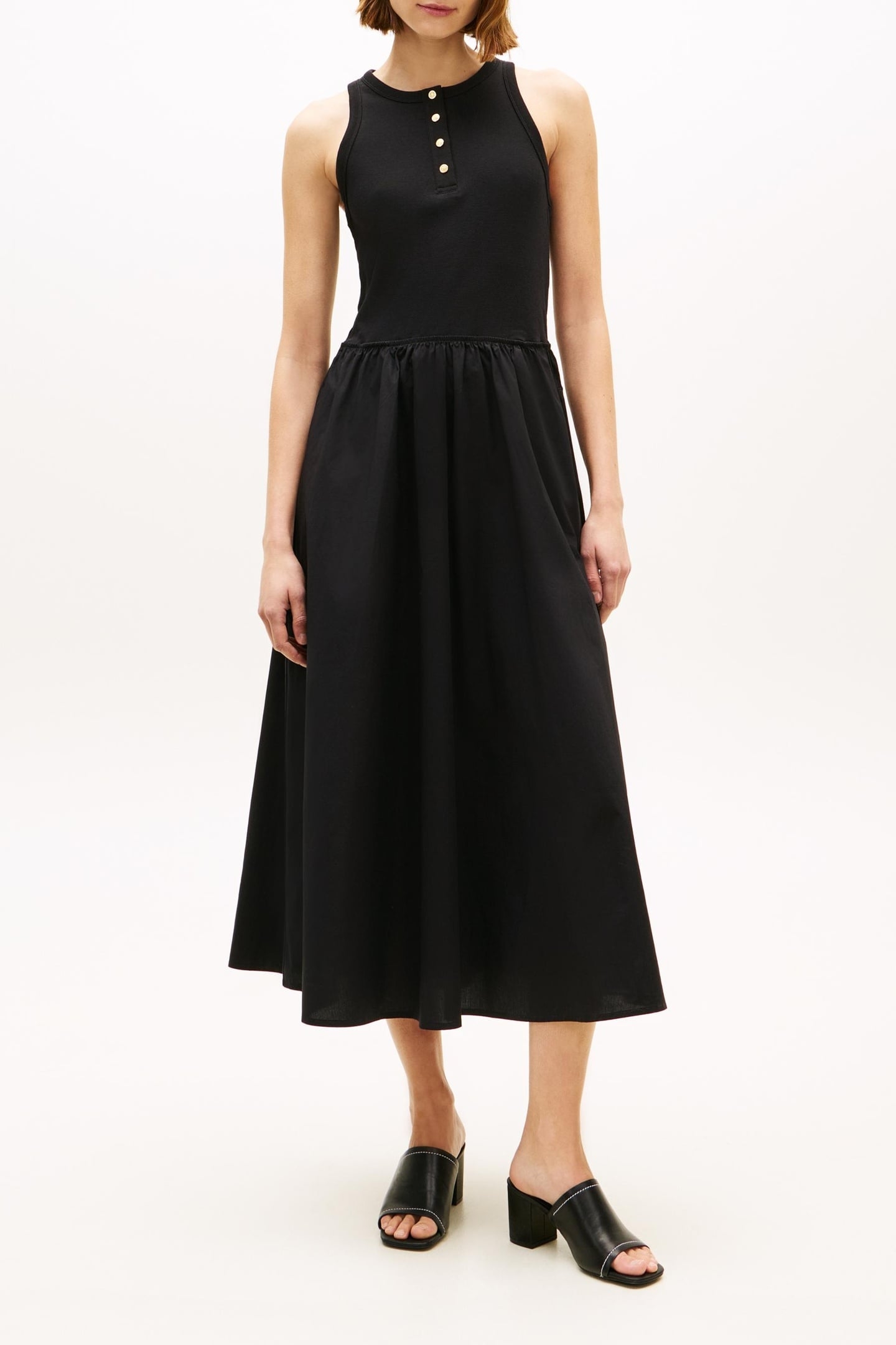 GOLD BUTTON POPLIN MIX DRESS BLACK 1