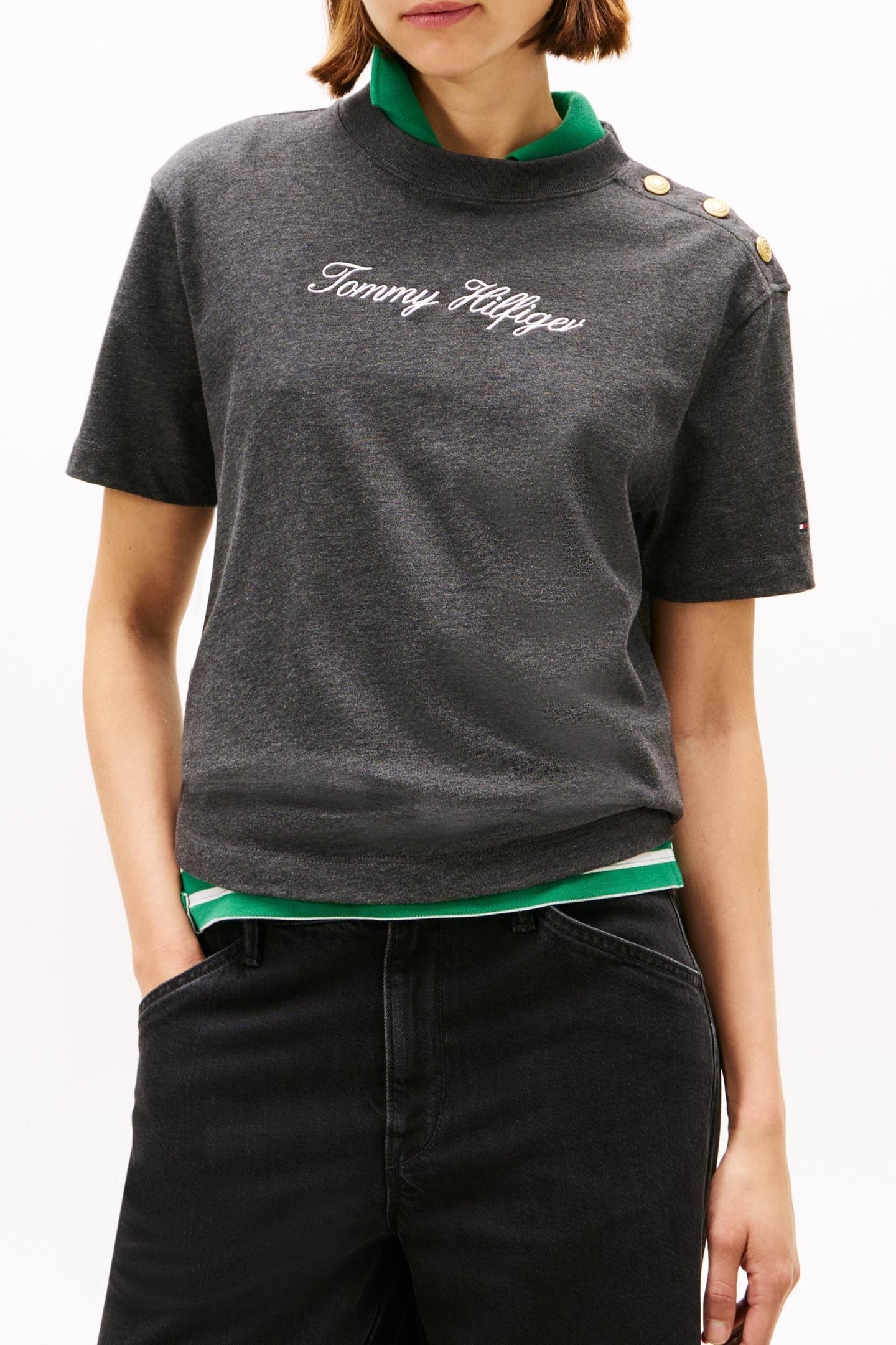 GOLD-TONE BUTTON LOGO EMBROIDERY RELAXED T-SHIRT GREY 1
