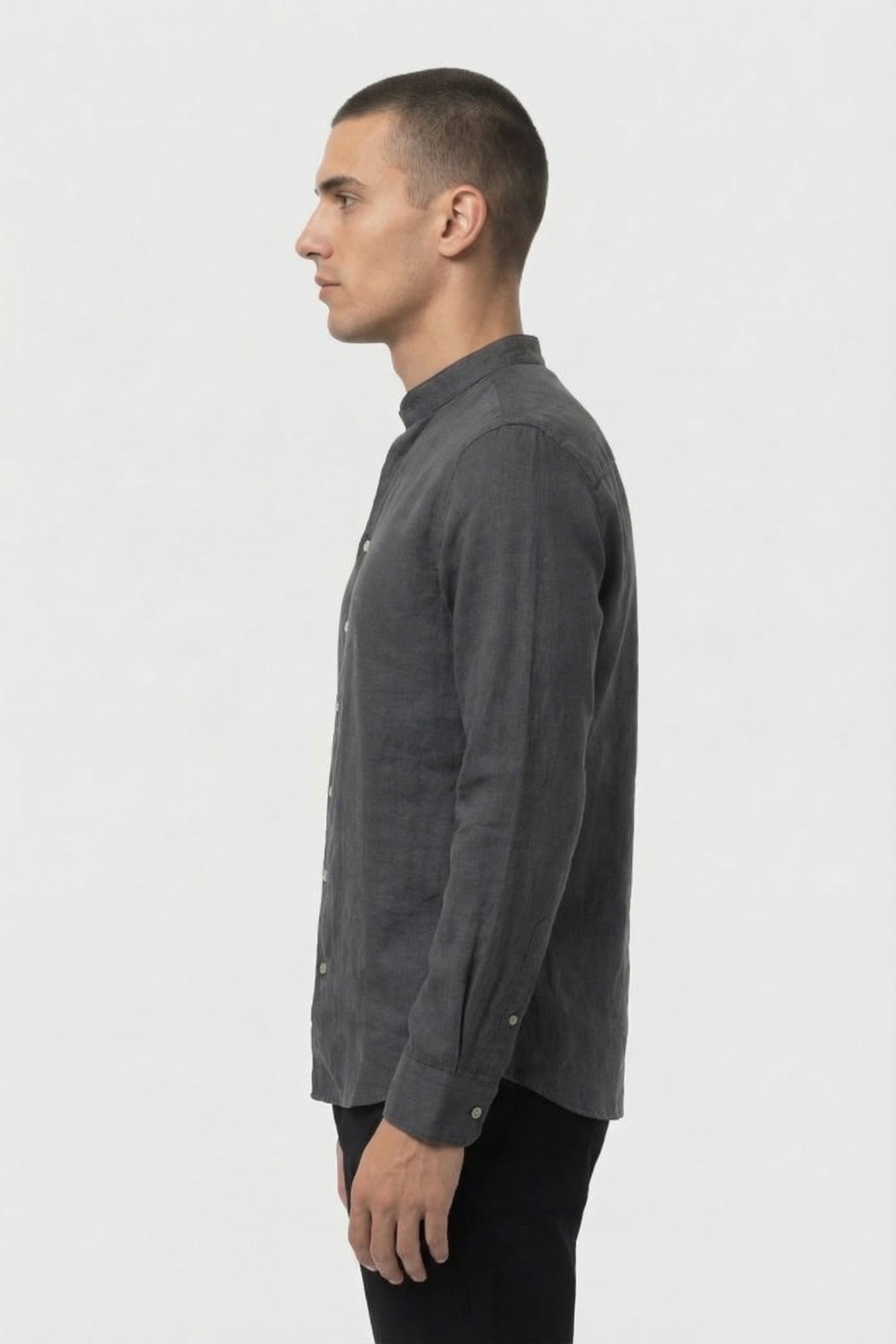 SHIRT GRANDDAD SOLID WITH LINEN DARK STEEL 4