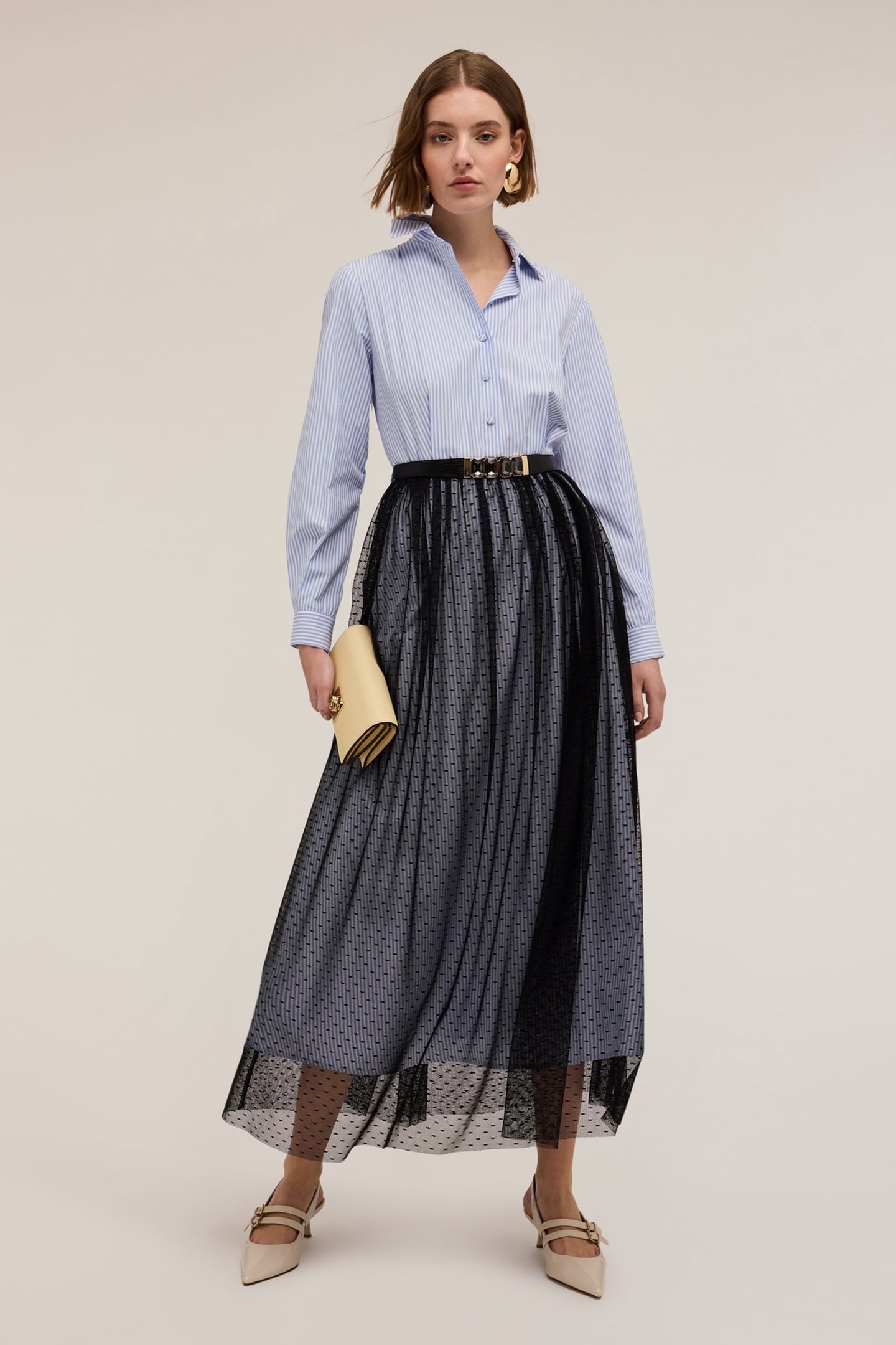 CHEMISIER DRESS WITH PLUMETIS TULLE SKIRT LIGHT BLUE 1