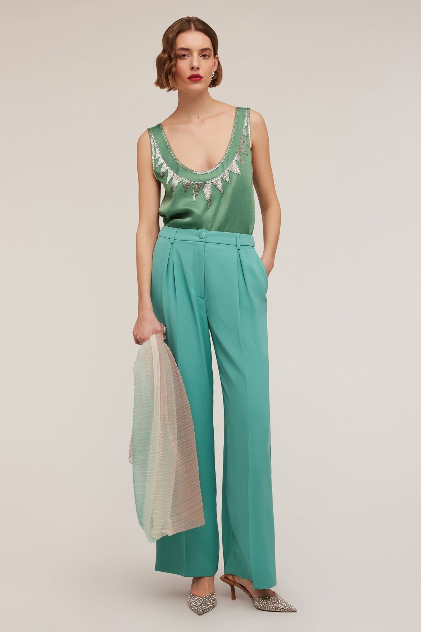 EMBROIDERED VISCOSE SATIN TOP GREEN 4