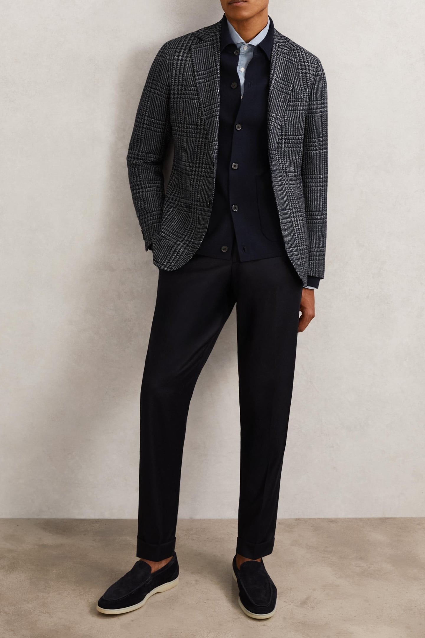 SB 2B NOTCH WOOL PRINCE OF WALES CHECK BLAZER NAVY 3