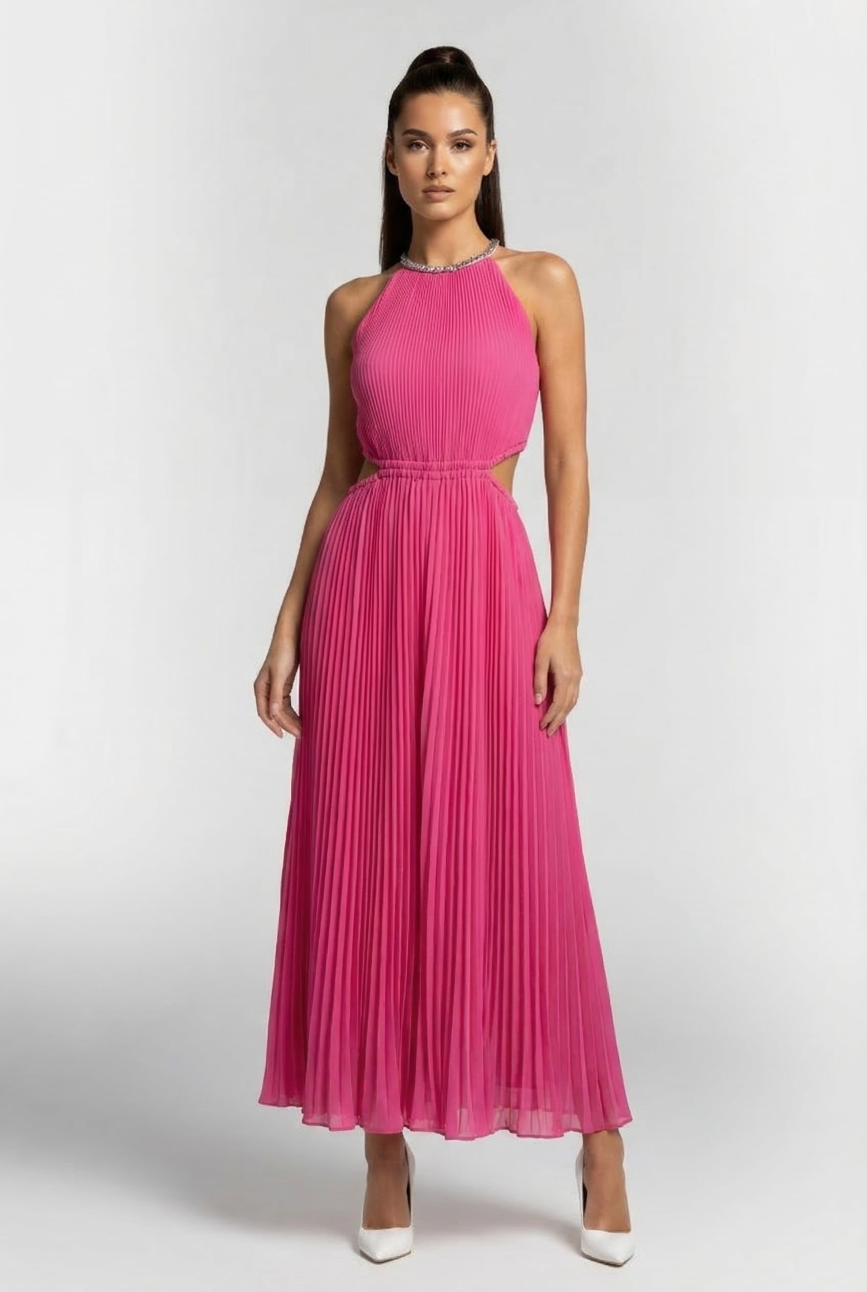 PLEATED CUTOUT DRESS CERISE 1