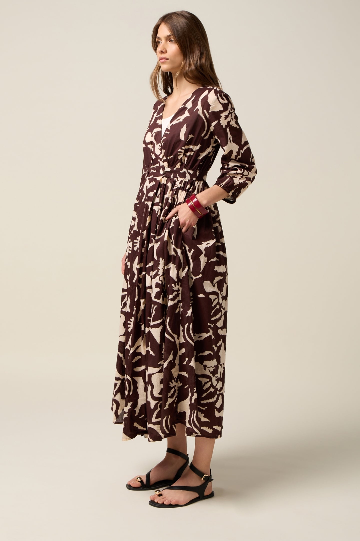 PATTERNED COTTON MIDI SHIRTDRESS BROWN 2