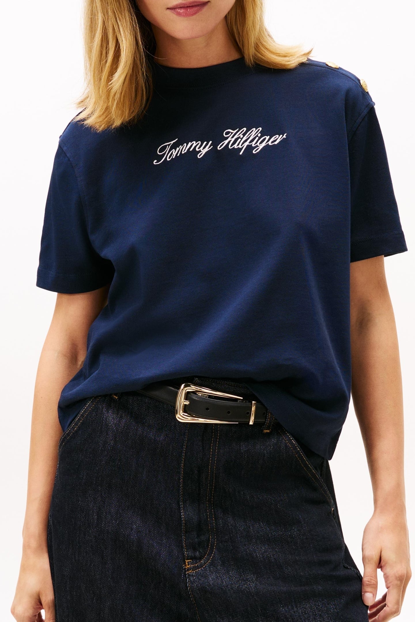 GOLD-TONE BUTTON LOGO EMBROIDERY RELAXED T-SHIRT NAVY 1
