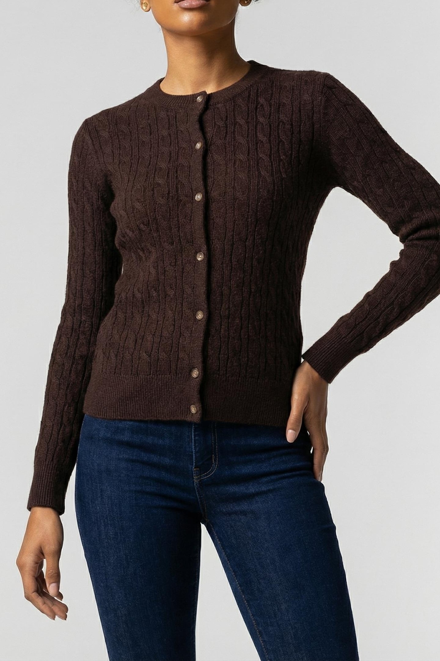 WOOL CABLE CREWNECK MOCHA BROWN 1