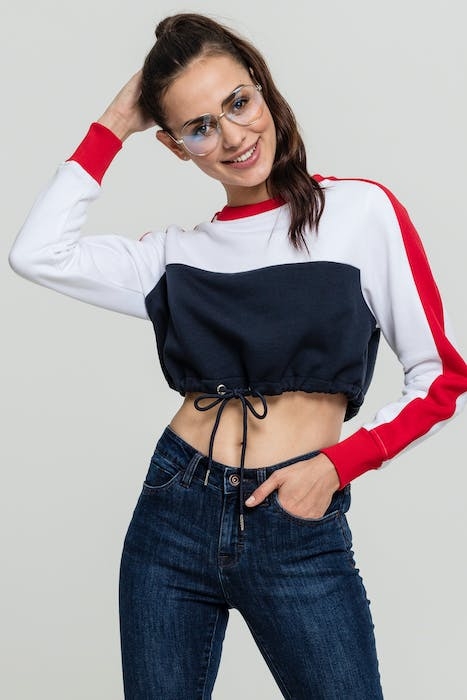 LADIES CROPPED 3-TONE STRIPE CREW NAVY/WHITE/FIRE RED 4