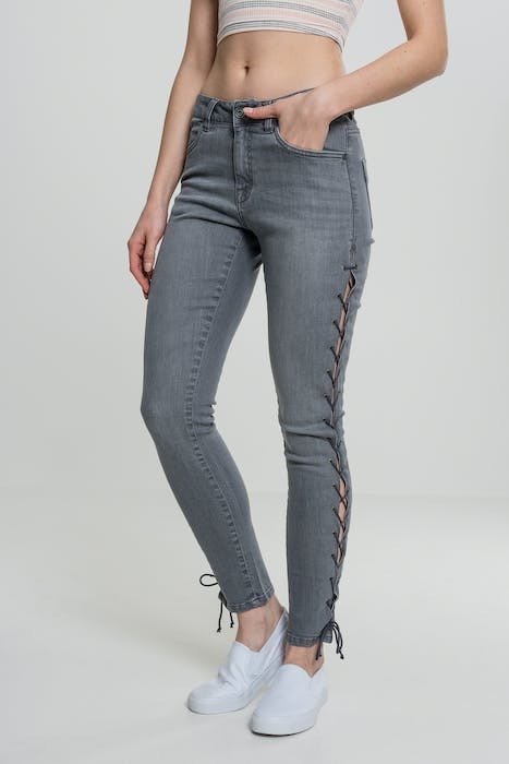 LADIES DENIM LACE UP SKINNY PANTS GREY 1