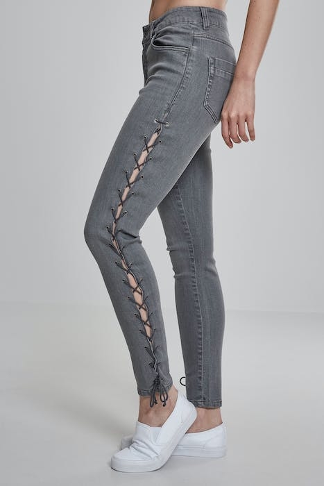 LADIES DENIM LACE UP SKINNY PANTS GREY 5