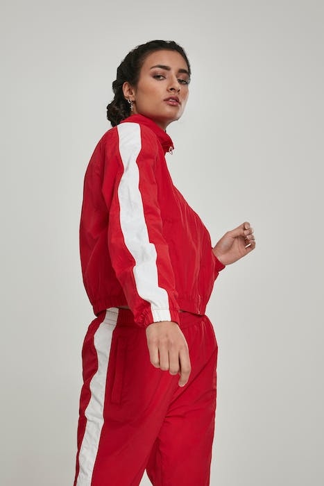 LADIES SHORT STRIPED CRINKLE TRACK JACKET RED/WHT 6