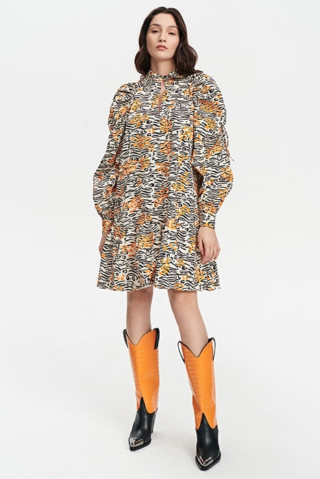 GATHERED VOLANT DRESS WILD PRINT ORANGE 3