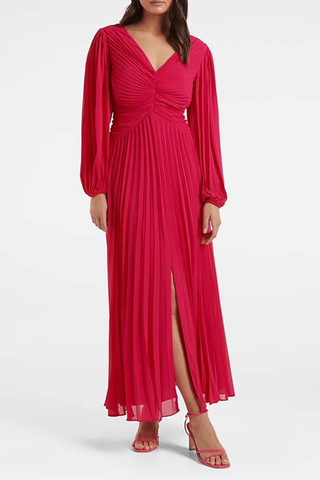 ROSALIA PLEATED V NECK DRESS BRIGHT ROSE 1