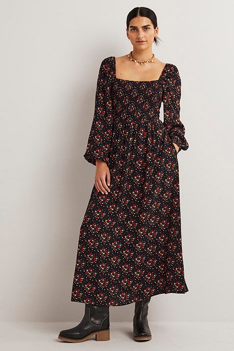 SQUARE NECK SMOCKED MAXI DRESS BLK 1