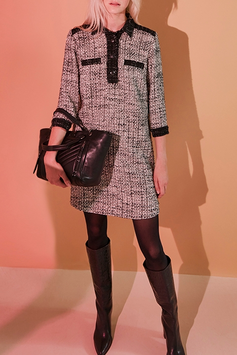BLACK AND WHITE FRINGED TWEED SHIRT DRESS 6