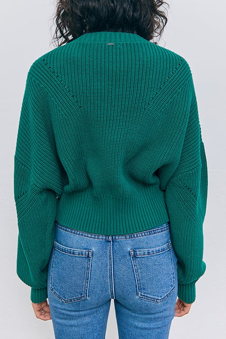 GREEN DECORATIVE KNIT V-NECK SWEATER 2