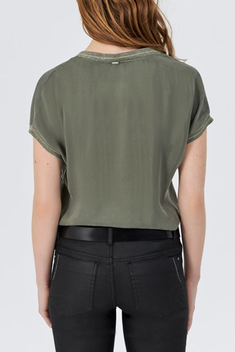 KHAKI MIXED FABRIC TOP WITH STRIPED RIBBED V NECK 2