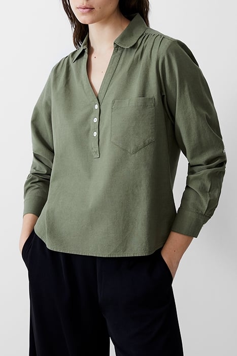 LINEN BLEND VEE PLACKET TOP KHAKI 1