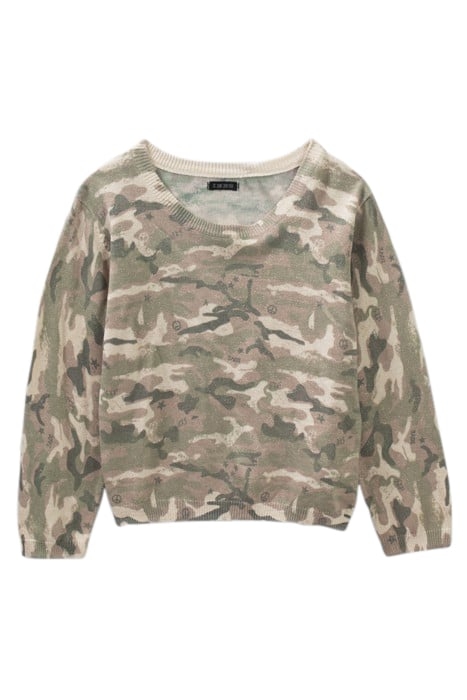 GIRLS’ KHAKI GLITTERY CAMOUFLAGE MOTIF KNIT SWEATER 1