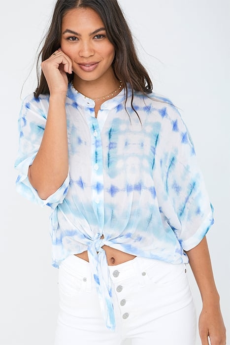 SHORT SLEEVE TIE FRONT BUTTON DOWN AQUA SHIBORI PRINT 1