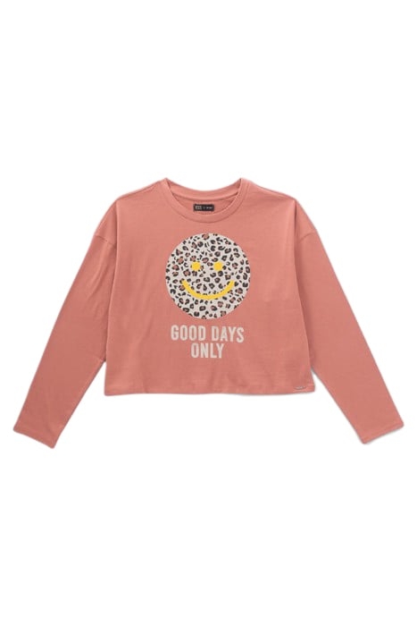 GIRLS’ TERRACOTTA T-SHIRT WITH SMILE ON LEOPARD BACKGROUND 1