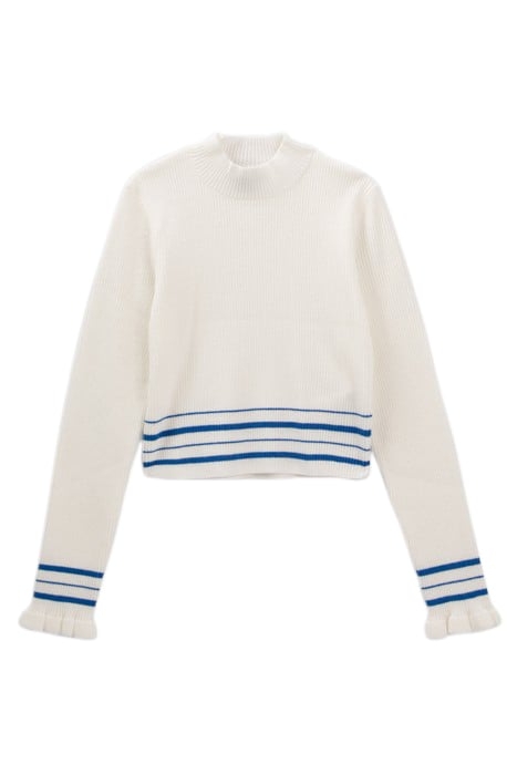GIRLS’ WHITE KNIT SWEATER WITH BLUE STRIPES 1