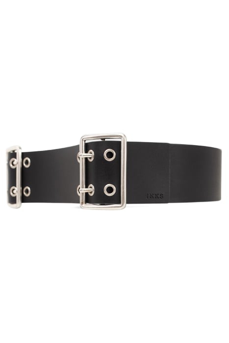 BLACK LEATHER WIDE BELT, DOUBLE BUCKLE AND EYELETS BLACK 3