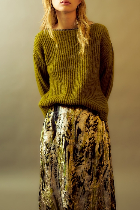 BEIGE ABSTRACT PRINT VELVET MIDI SKIRT TITANE 5